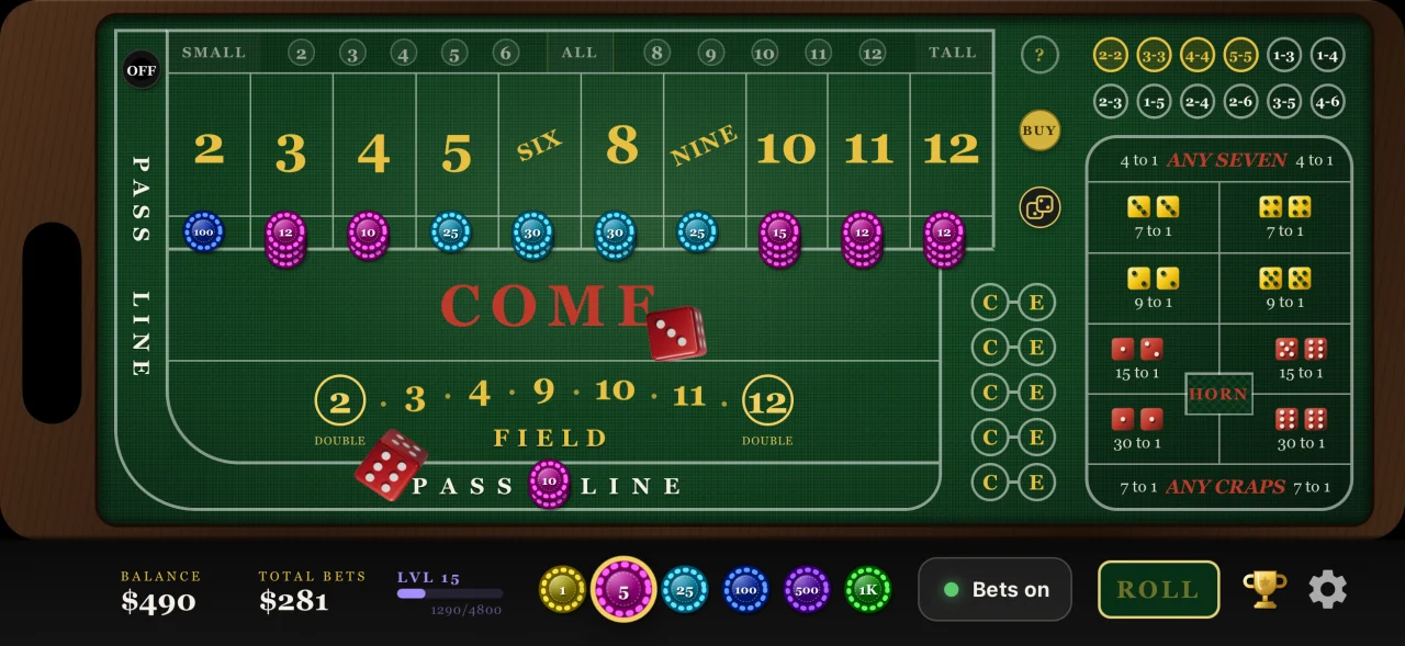 The Crapless Craps table, with points for 2, 3, 11, and 12