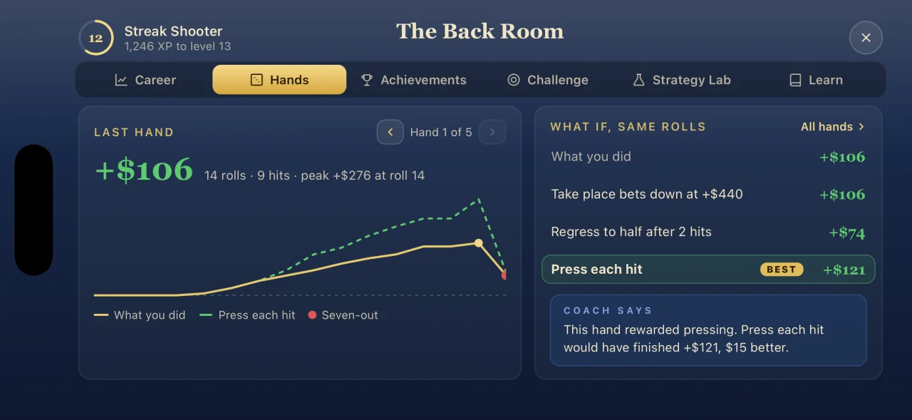 The last-hand replay, showing what a different betting plan would have paid